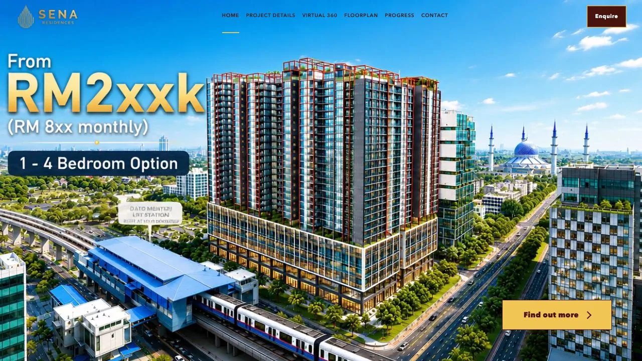Sena Residence property website scrolling from the project overview through details, floor plans, progress, and enquiry sections