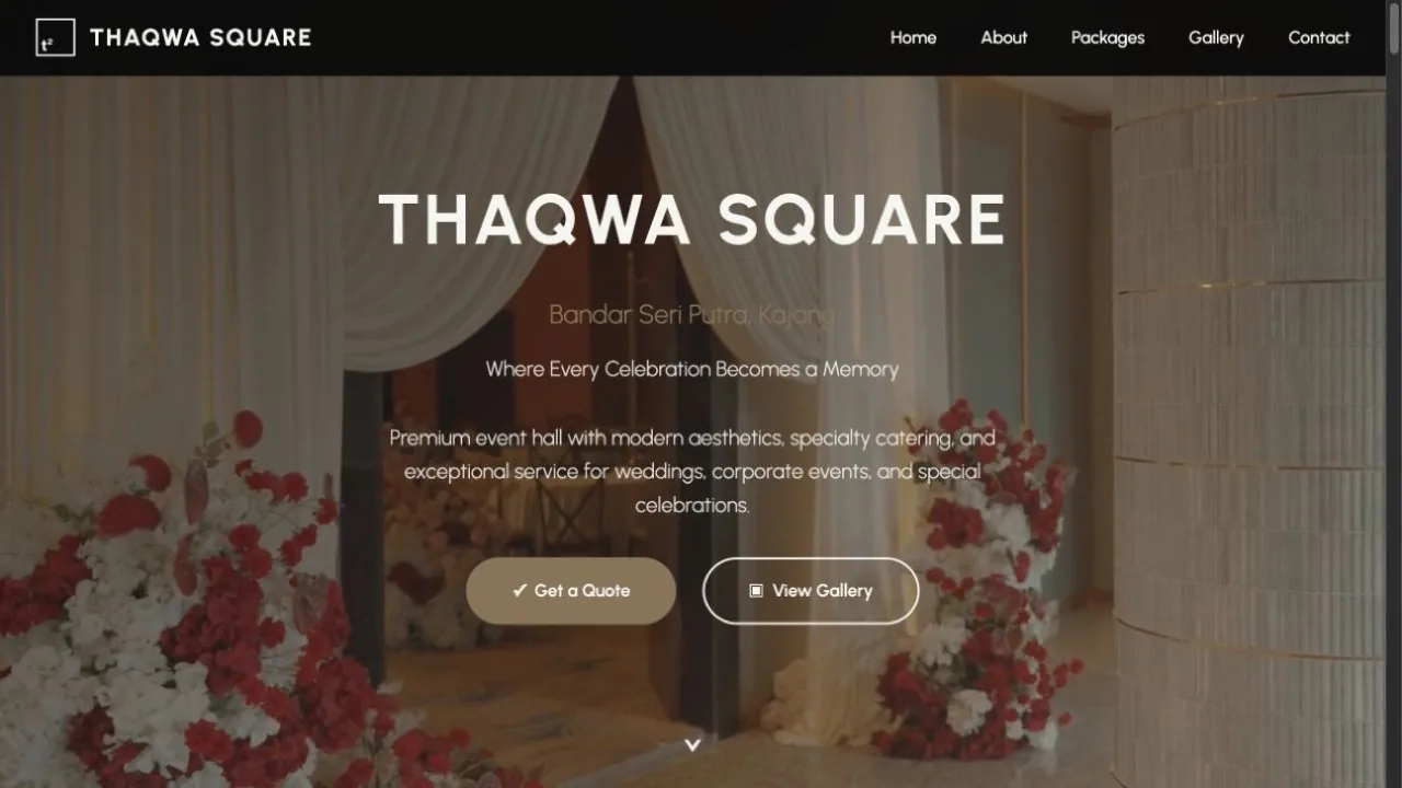 Thaqwa Square wedding hall website scrolling preview