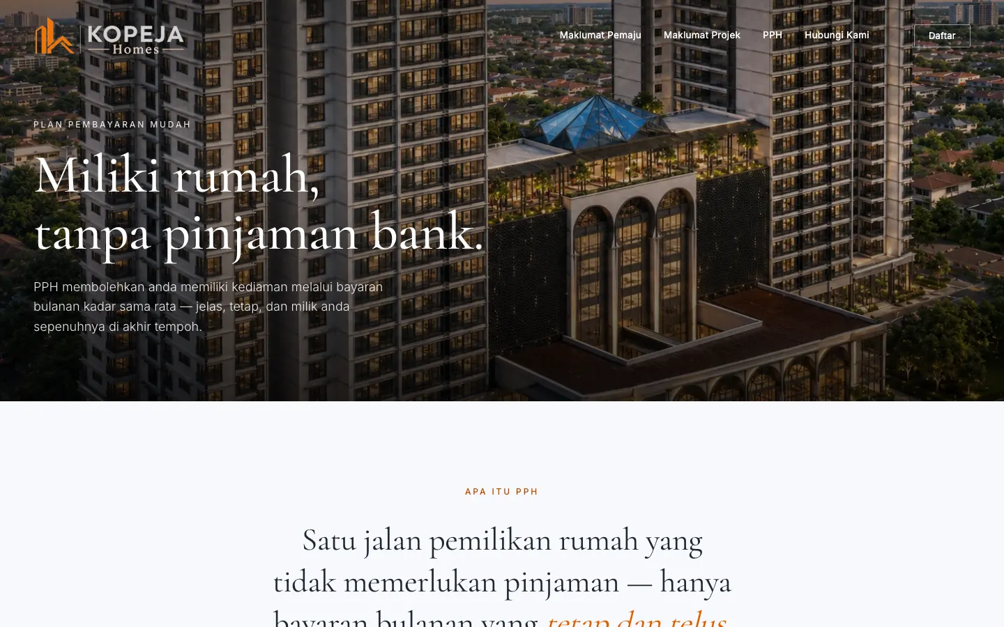 PPH page on the KOPEJA Homes website with the headline Miliki rumah, tanpa pinjaman bank above an explanation of the payment plan