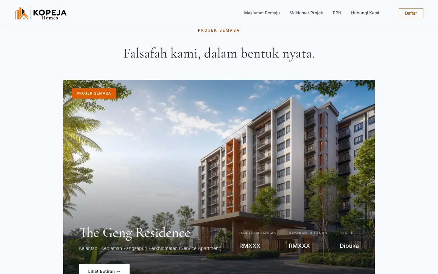 The Geng Residence project card on KOPEJA Homes with location, suggested price, monthly payment and status