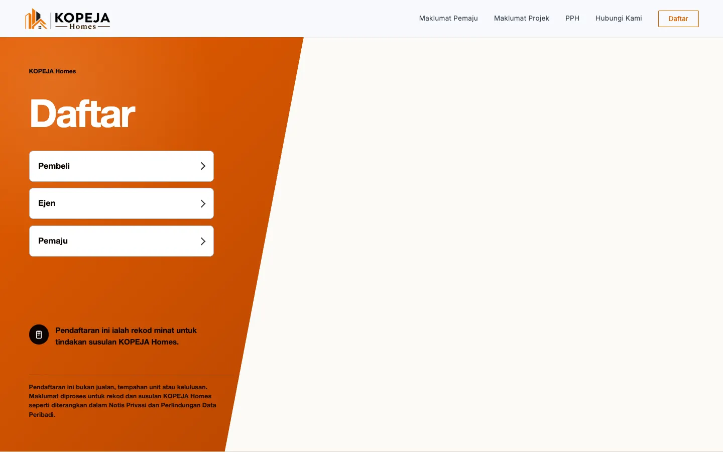 KOPEJA Homes registration page with three options for buyer, agent and developer and a note that registration is a record of interest