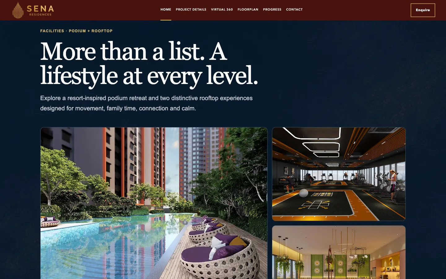 Sena Residence facilities section with a resort-style pool render and gym render