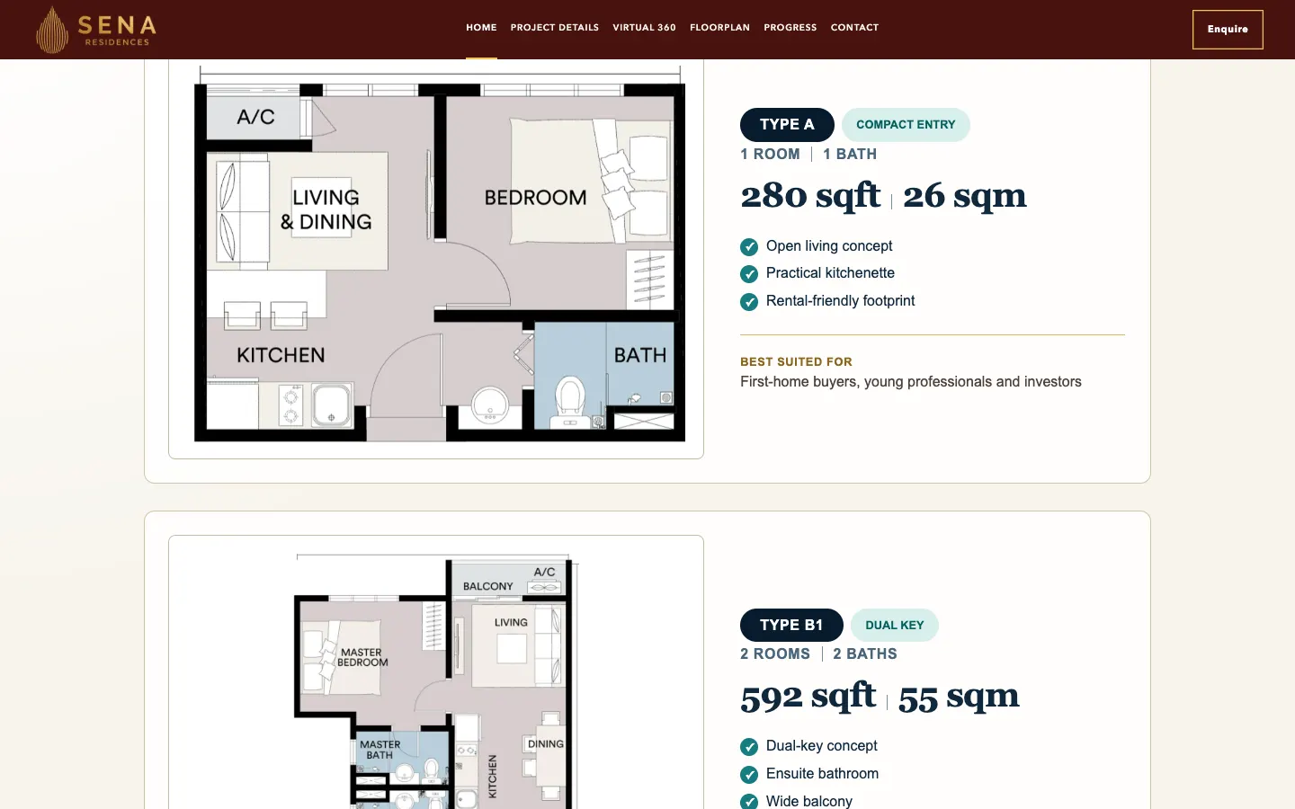 Sena Residence Type A floor plan with 280 sq ft size, features and a note that it suits first-home buyers, young professionals and investors