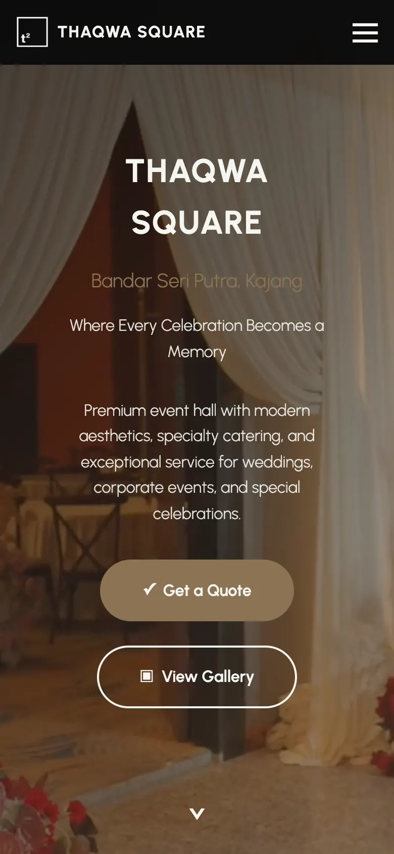Thaqwa Square homepage on a phone showing the venue name and quote button