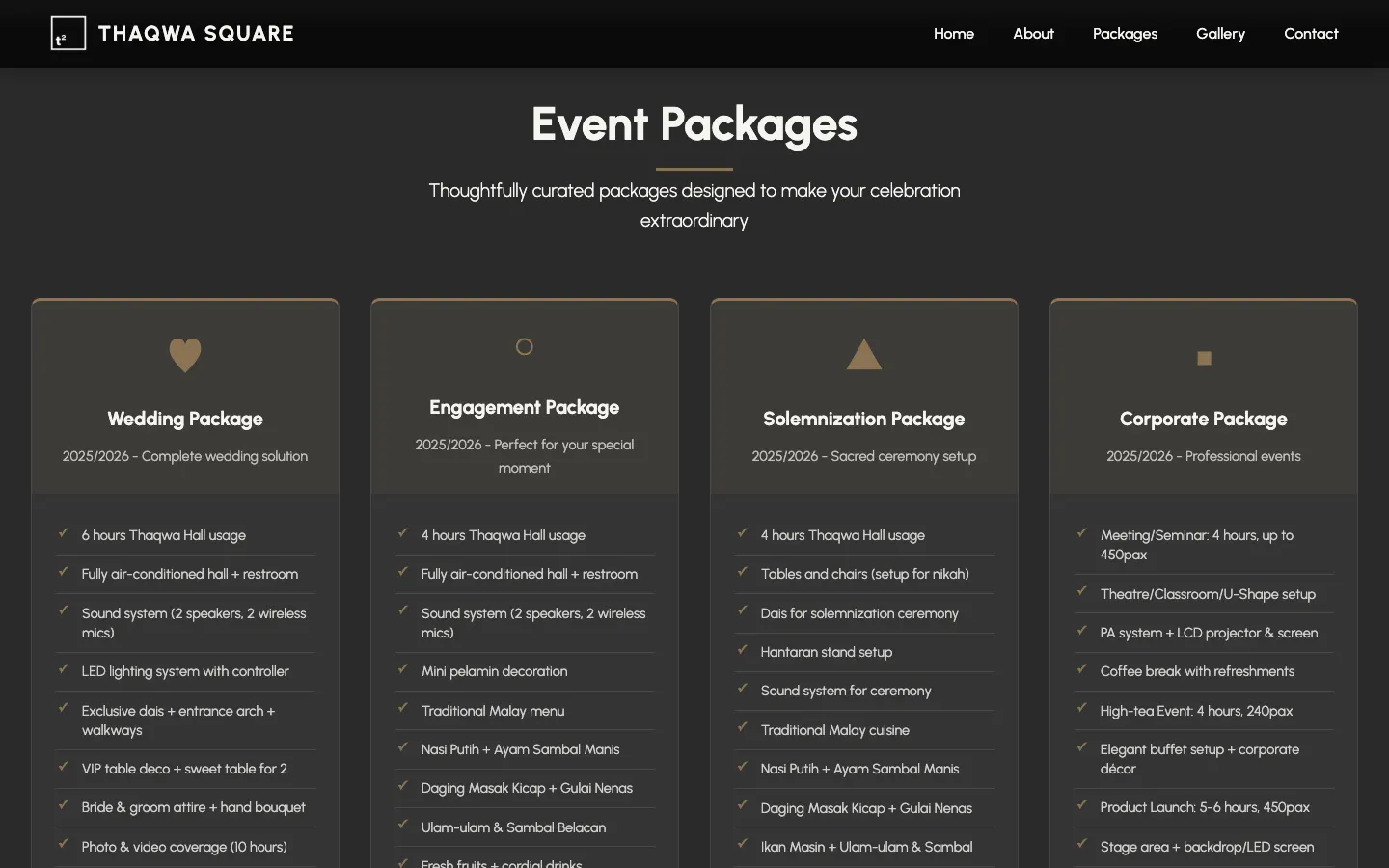 Four Thaqwa Square event packages side by side, each with a detailed list of what is included